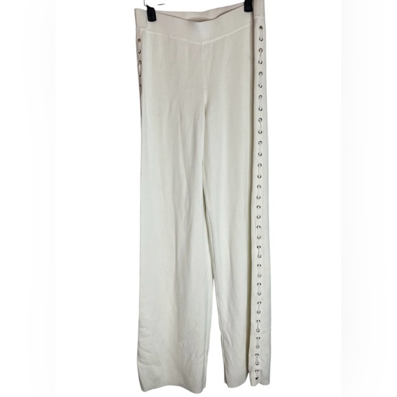 Cream side laced up trim wide leg knit pant - Picture 2 of 4